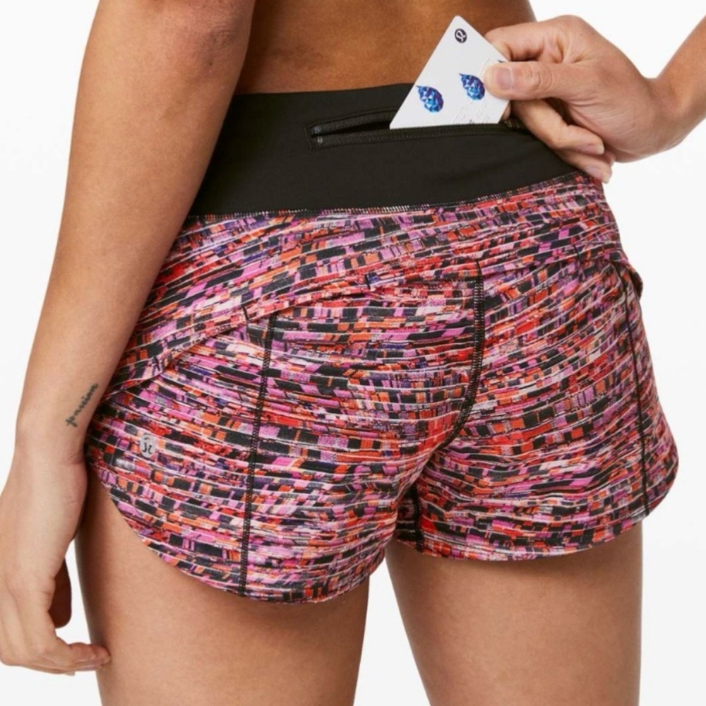lululemon Black Pink Flash Orange Multi Print Speed up low rose shorts - Picture 2 of 5
